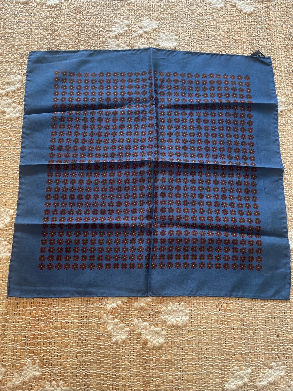 Vintage Italian Silk Blue Pocket Square Scarf Geometric Medallion Dot Pattern